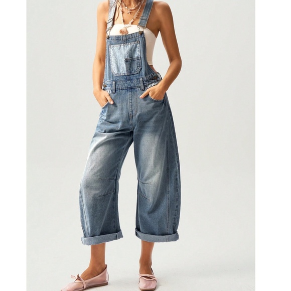 Boho Medium Wash Paisley print Button Wide Leg Denim Bib Overalls - Picture 6 of 7